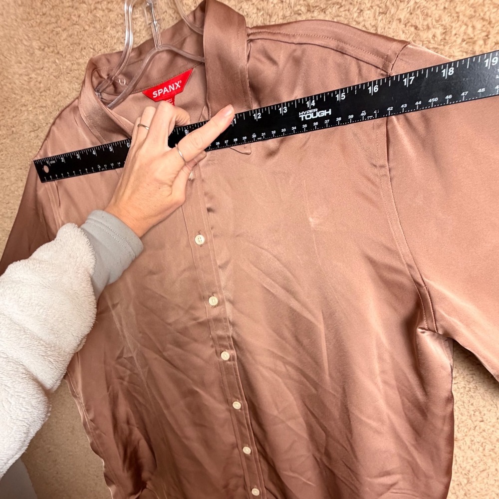 SPANX Better Than Silk Button Down Satin Blouse Cafe Au Lait Brown L - Picture 8 of 12
